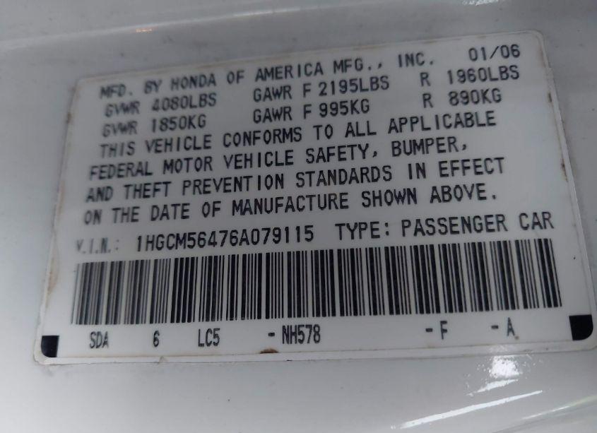 Photo 9 of 2006 Honda Accord 2.4 LX (VIN 1HGCM56476A079115)