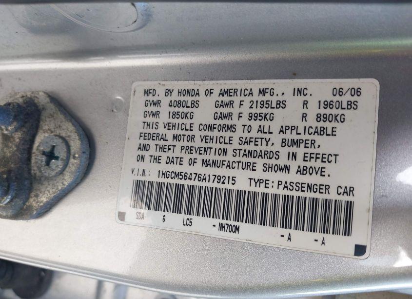 Photo 9 of 2006 Honda Accord 2.4 LX (VIN 1HGCM56476A179215)