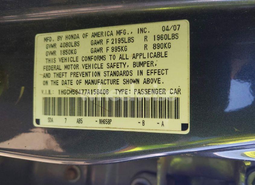 Photo 9 of 2007 Honda Accord 2.4 LX (VIN 1HGCM56477A156406)