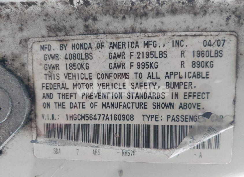 Photo 9 of 2007 Honda Accord 2.4 LX (VIN 1HGCM56477A160908)