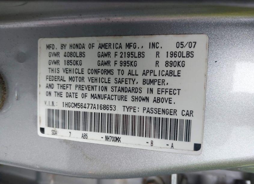 Photo 9 of 2007 Honda Accord 2.4 LX (VIN 1HGCM56477A168653)