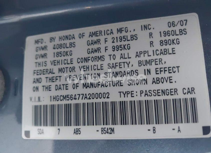 Photo 9 of 2007 Honda Accord 2.4 LX (VIN 1HGCM56477A200002)