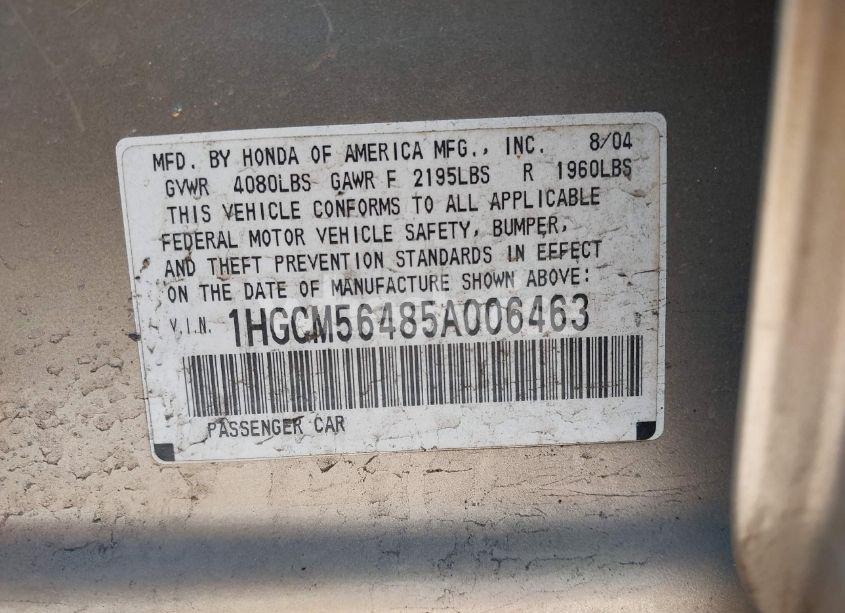 Photo 9 of 2005 Honda Accord 2.4 LX (VIN 1HGCM56485A006463)