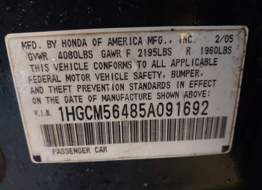 Photo 9 of 2005 Honda Accord 2.4 LX (VIN 1HGCM56485A091692)