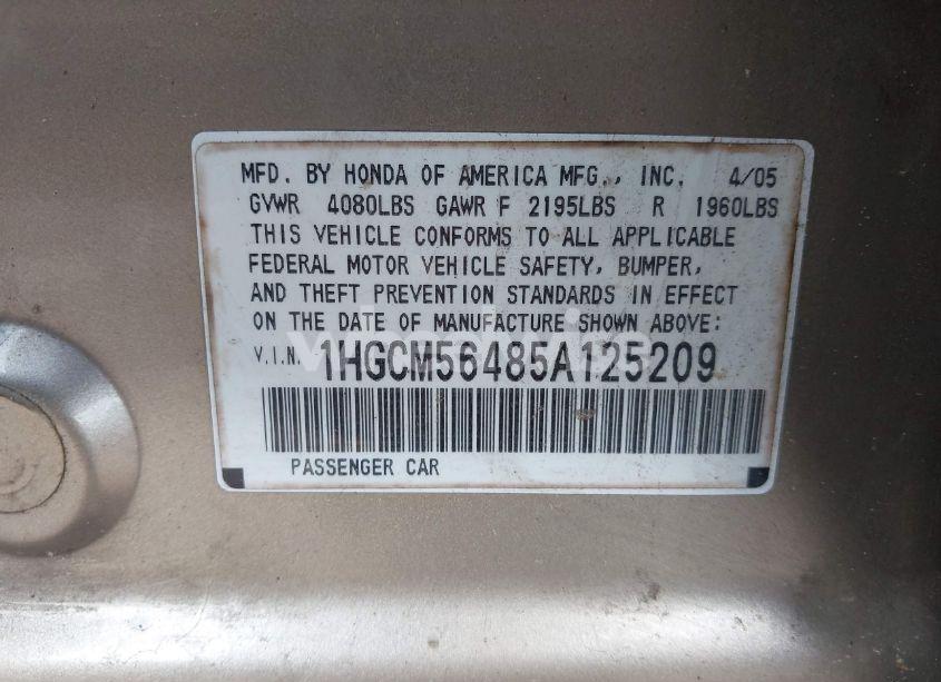 Photo 9 of 2005 Honda Accord 2.4 LX (VIN 1HGCM56485A125209)