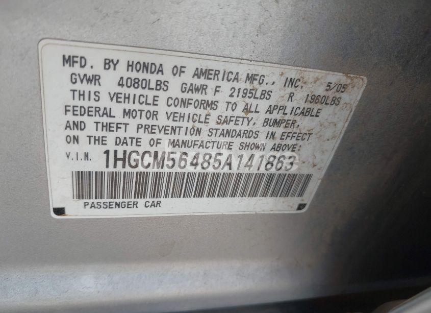 Photo 9 of 2005 Honda Accord 2.4 LX (VIN 1HGCM56485A141863)