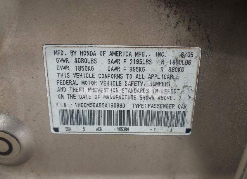 Photo 9 of 2005 Honda Accord 2.4 LX (VIN 1HGCM56485A160980)