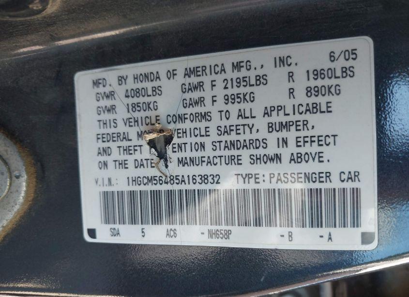 Photo 9 of 2005 Honda Accord 2.4 LX (VIN 1HGCM56485A163832)