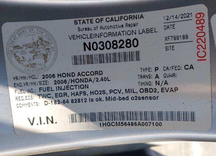 Photo 9 of 2006 Honda Accord 2.4 LX (VIN 1HGCM56486A007100)