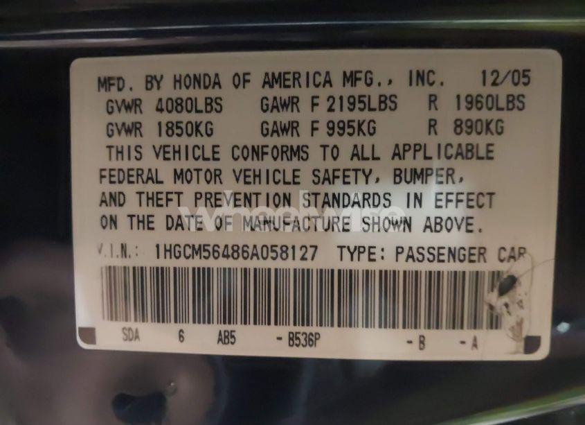 Photo 9 of 2006 Honda Accord 2.4 LX (VIN 1HGCM56486A058127)