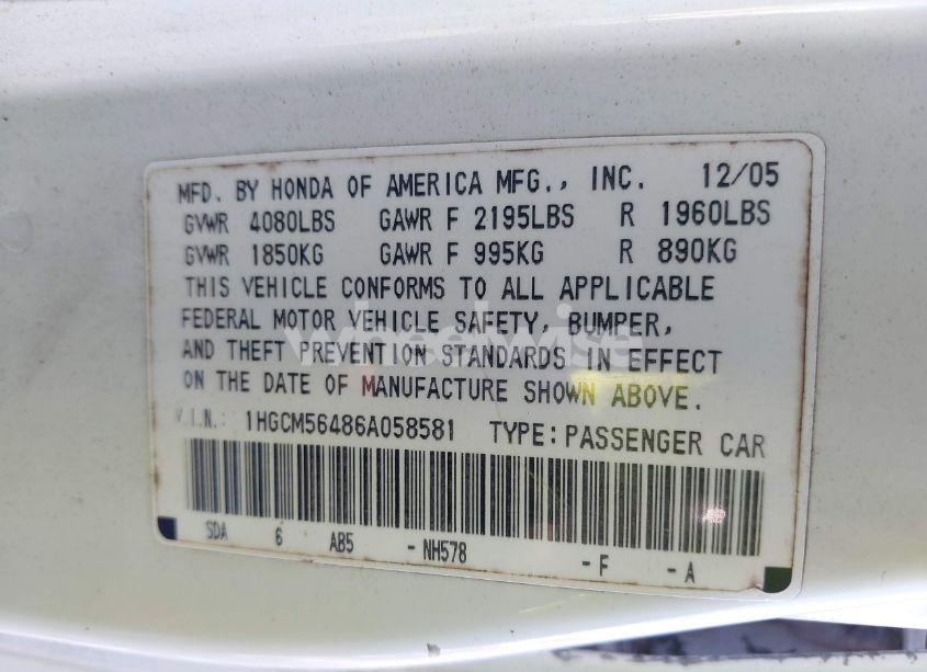 Photo 9 of 2006 Honda Accord 2.4 LX (VIN 1HGCM56486A058581)