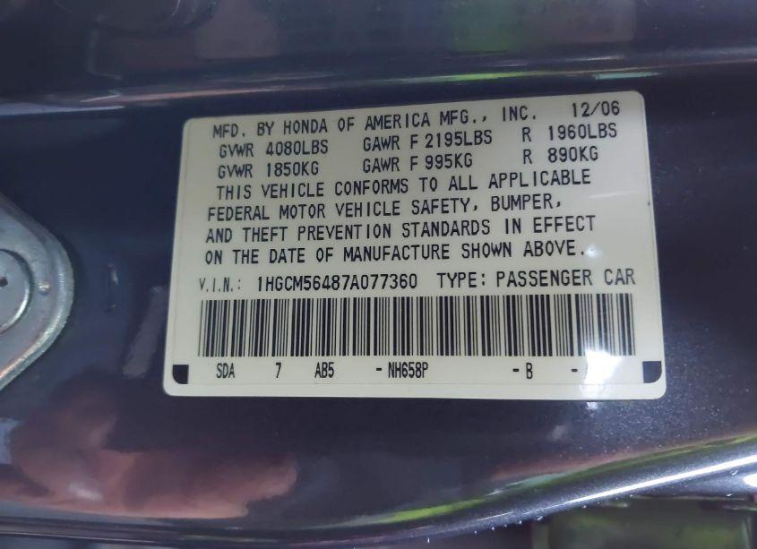 Photo 9 of 2007 Honda Accord 2.4 LX (VIN 1HGCM56487A077360)