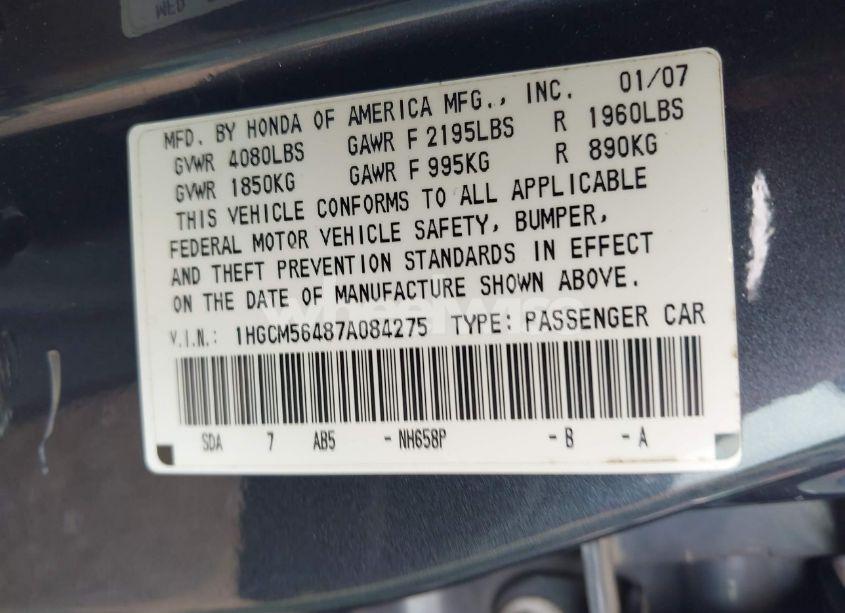 Photo 9 of 2007 Honda Accord 2.4 LX (VIN 1HGCM56487A084275)
