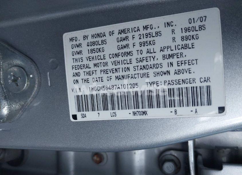 Photo 9 of 2007 Honda Accord 2.4 LX (VIN 1HGCM56487A101205)