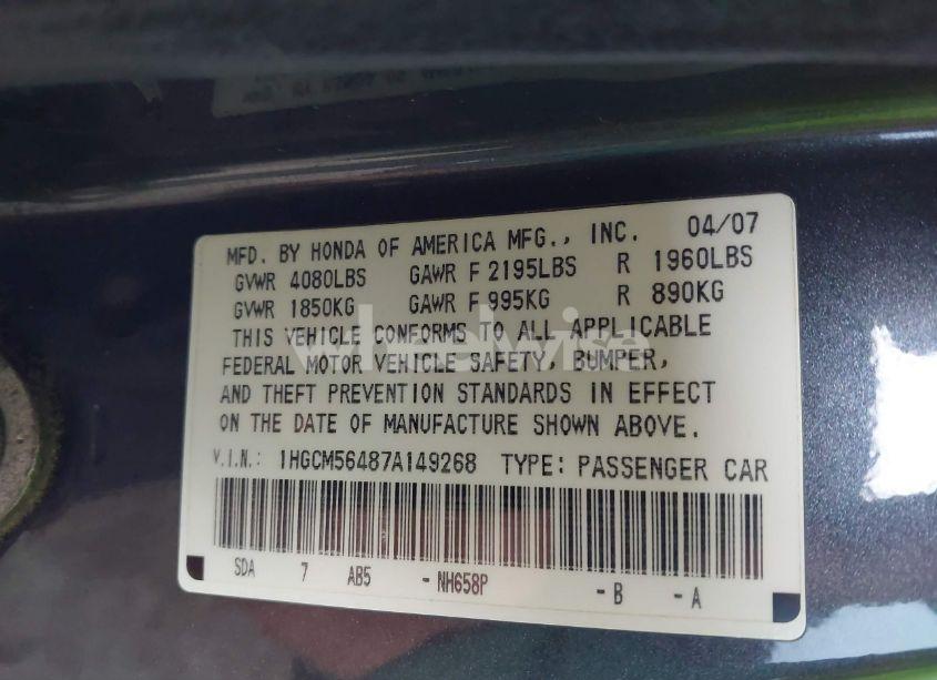 Photo 9 of 2007 Honda Accord 2.4 LX (VIN 1HGCM56487A149268)
