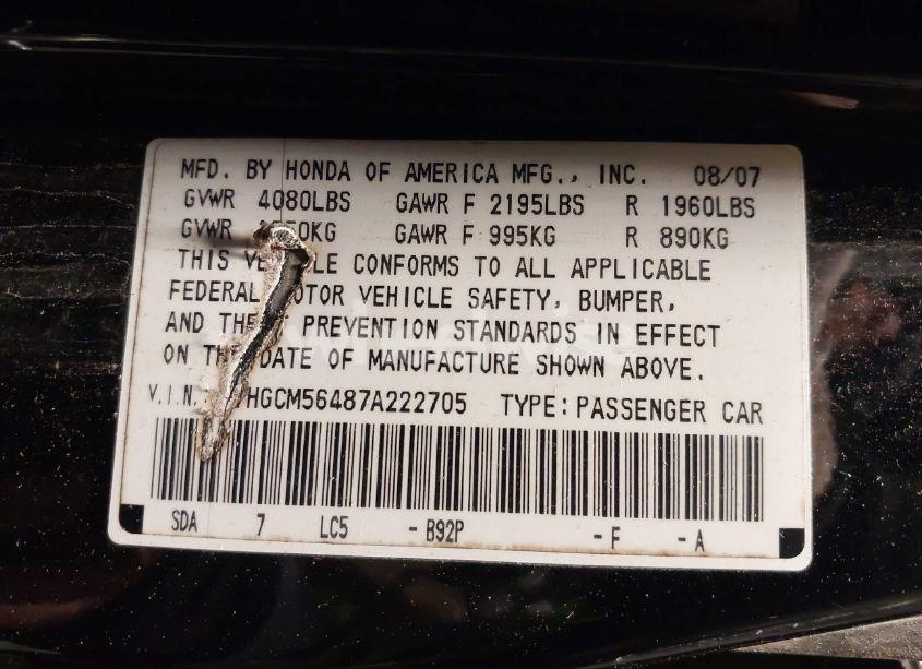 Photo 9 of 2007 Honda Accord 2.4 LX (VIN 1HGCM56487A222705)