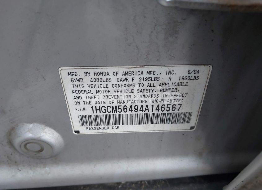 Photo 9 of 2004 Honda Accord 2.4 LX (VIN 1HGCM56494A146567)