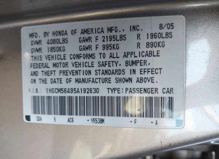 Photo 9 of 2005 Honda Accord 2.4 LX (VIN 1HGCM56495A192630)