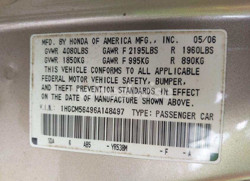 Photo 9 of 2006 Honda Accord 2.4 LX (VIN 1HGCM56496A148497)