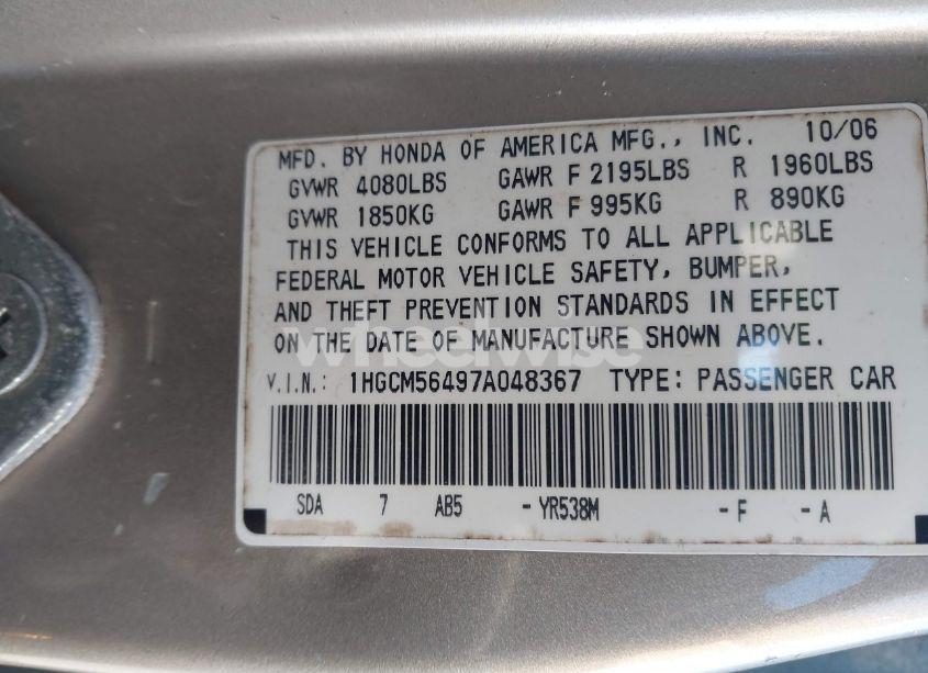 Photo 9 of 2007 Honda Accord 2.4 LX (VIN 1HGCM56497A048367)