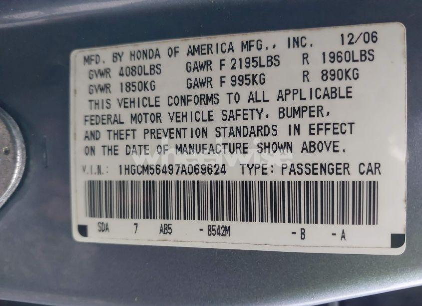 Photo 9 of 2007 Honda Accord 2.4 LX (VIN 1HGCM56497A069624)