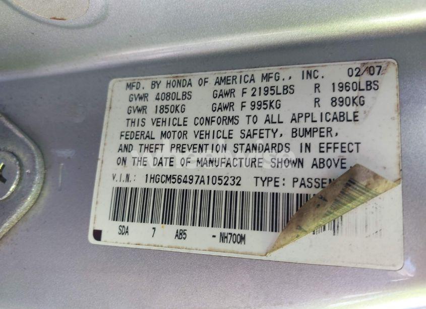 Photo 9 of 2007 Honda Accord 2.4 LX (VIN 1HGCM56497A105232)