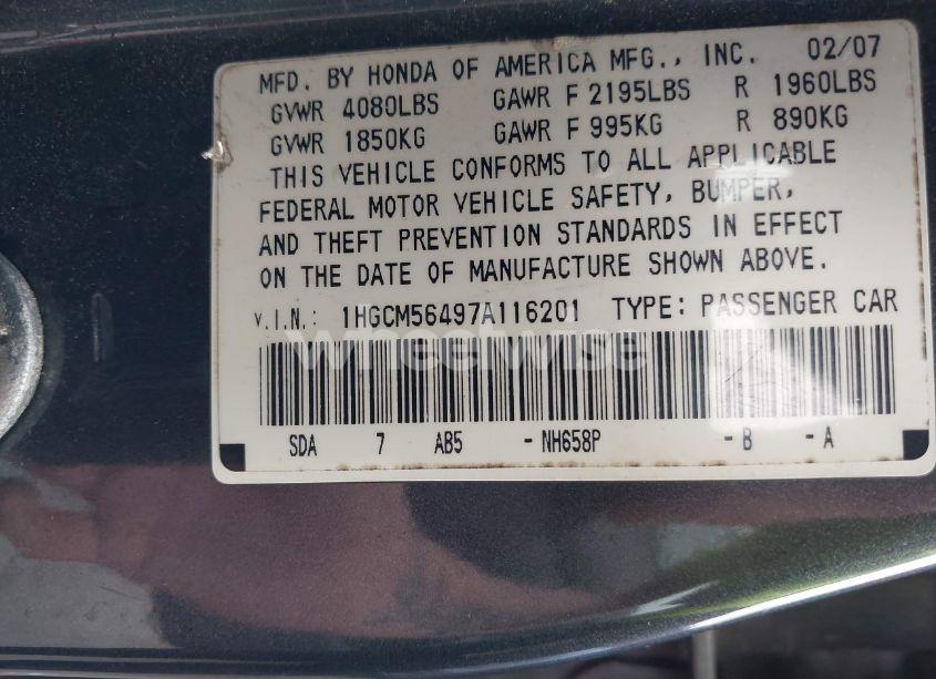 Photo 9 of 2007 Honda Accord 2.4 LX (VIN 1HGCM56497A116201)