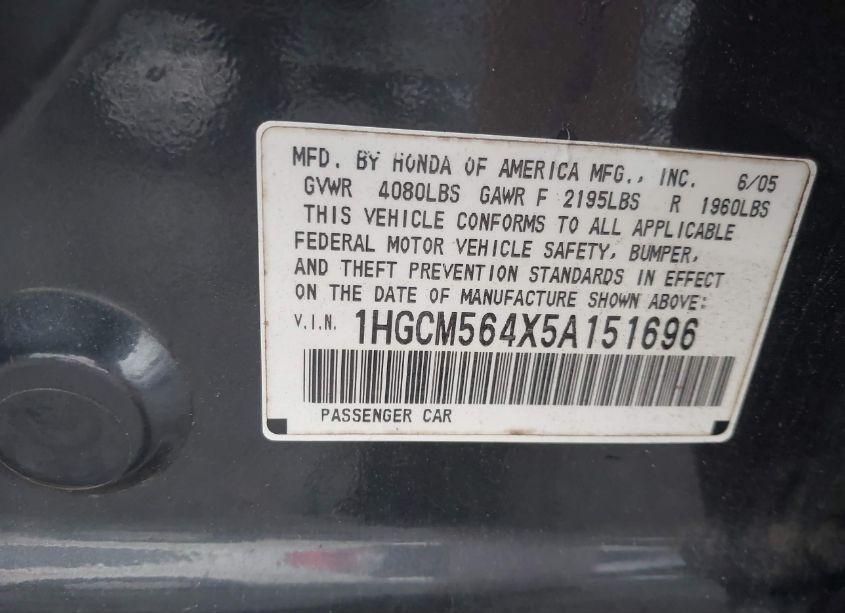 Photo 9 of 2005 Honda Accord 2.4 LX (VIN 1HGCM564X5A151696)