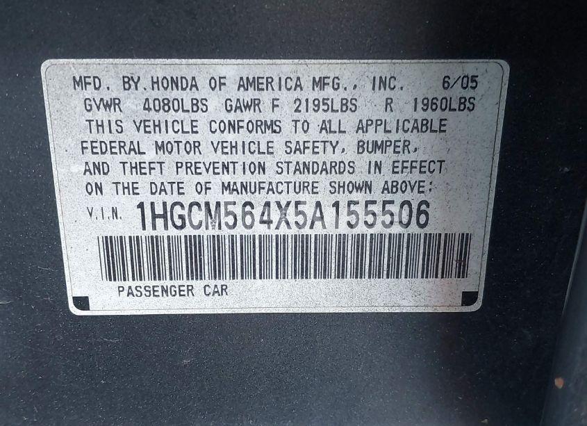 Photo 9 of 2005 Honda Accord 2.4 LX (VIN 1HGCM564X5A155506)