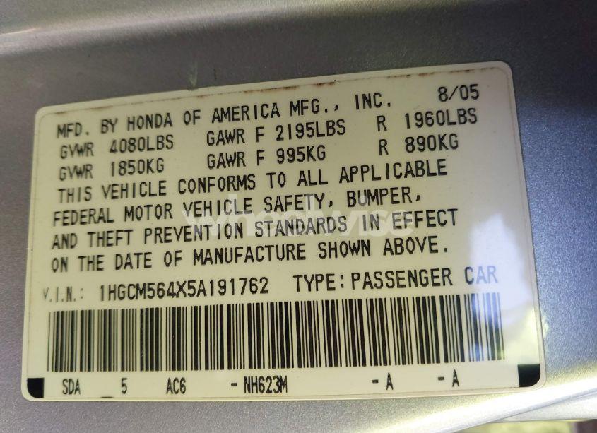 Photo 9 of 2005 Honda Accord 2.4 LX (VIN 1HGCM564X5A191762)