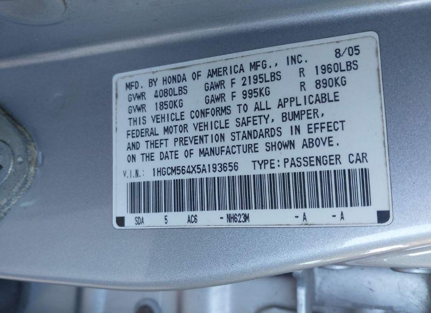 Photo 9 of 2005 Honda Accord 2.4 LX (VIN 1HGCM564X5A193656)