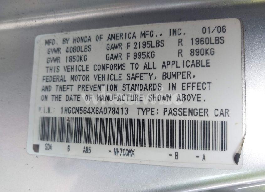 Photo 9 of 2006 Honda Accord 2.4 LX (VIN 1HGCM564X6A078413)