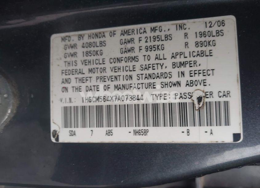Photo 9 of 2007 Honda Accord 2.4 LX (VIN 1HGCM564X7A073844)