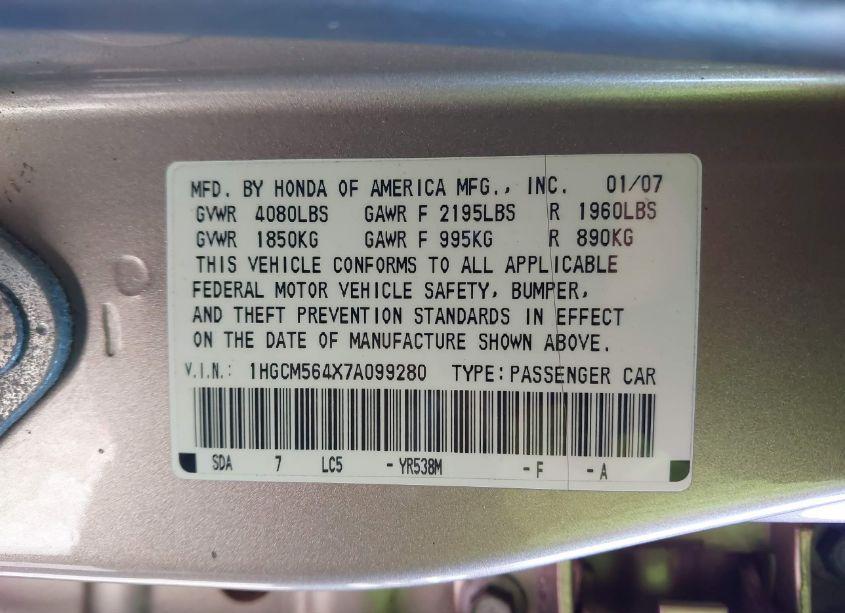 Photo 9 of 2007 Honda Accord 2.4 LX (VIN 1HGCM564X7A099280)