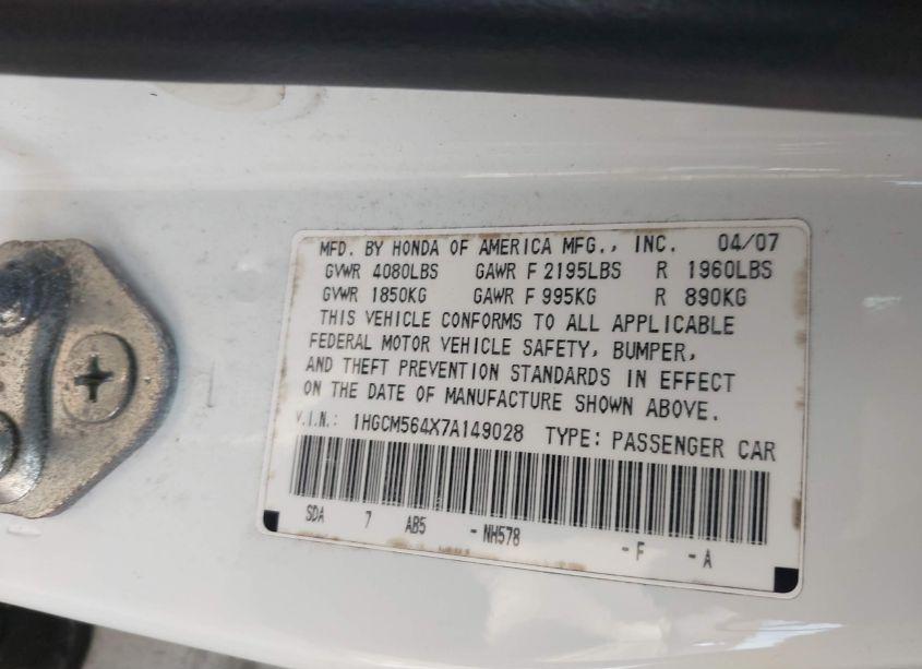 Photo 9 of 2007 Honda Accord 2.4 LX (VIN 1HGCM564X7A149028)