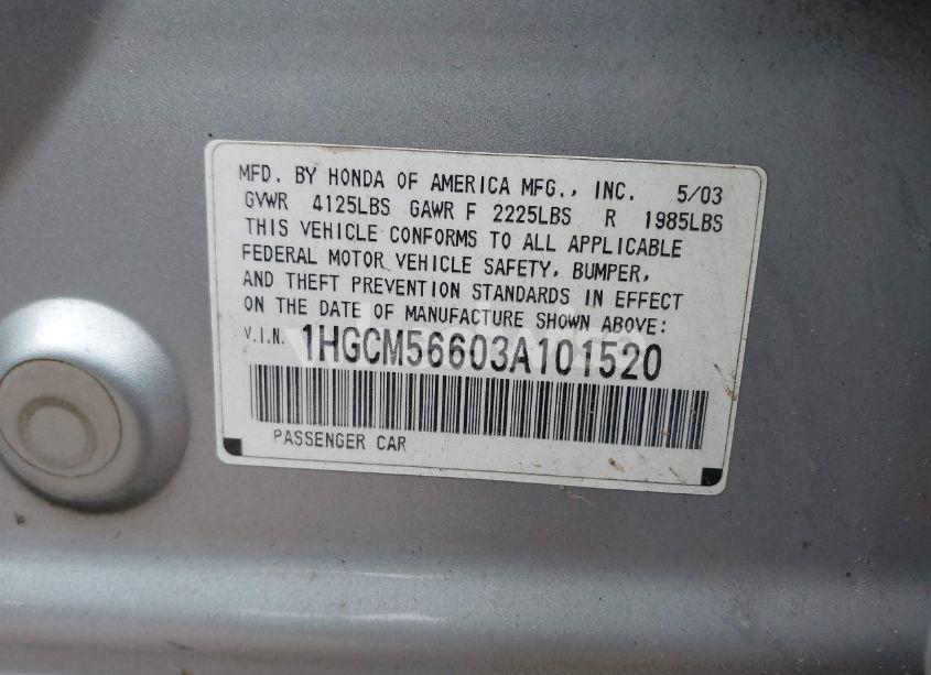 Photo 9 of 2003 Honda Accord 2.4 EX (VIN 1HGCM56603A101520)