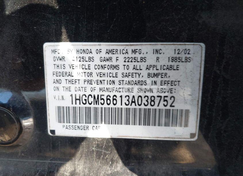 Photo 9 of 2003 Honda Accord 2.4 EX (VIN 1HGCM56613A038752)