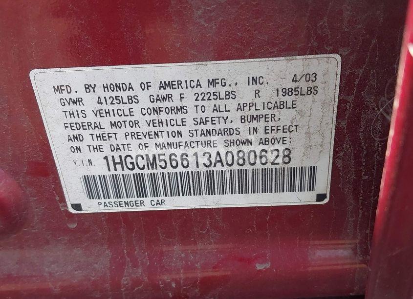 Photo 9 of 2003 Honda Accord 2.4 EX (VIN 1HGCM56613A080628)