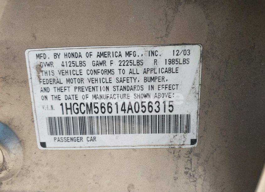 Photo 9 of 2004 Honda Accord 2.4 EX (VIN 1HGCM56614A056315)