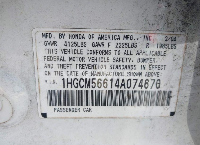 Photo 9 of 2004 Honda Accord 2.4 EX (VIN 1HGCM56614A074670)