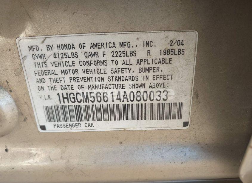 Photo 9 of 2004 Honda Accord 2.4 EX (VIN 1HGCM56614A080033)