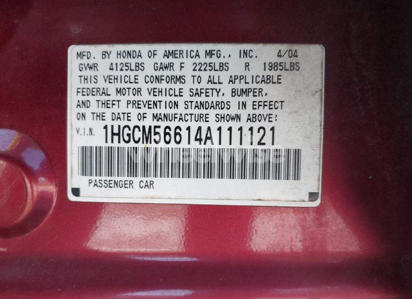 Photo 9 of 2004 Honda Accord 2.4 EX (VIN 1HGCM56614A111121)