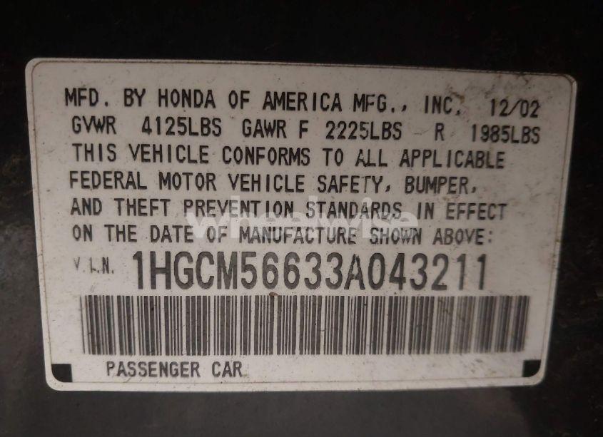 Photo 9 of 2003 Honda Accord 2.4 EX (VIN 1HGCM56633A043211)