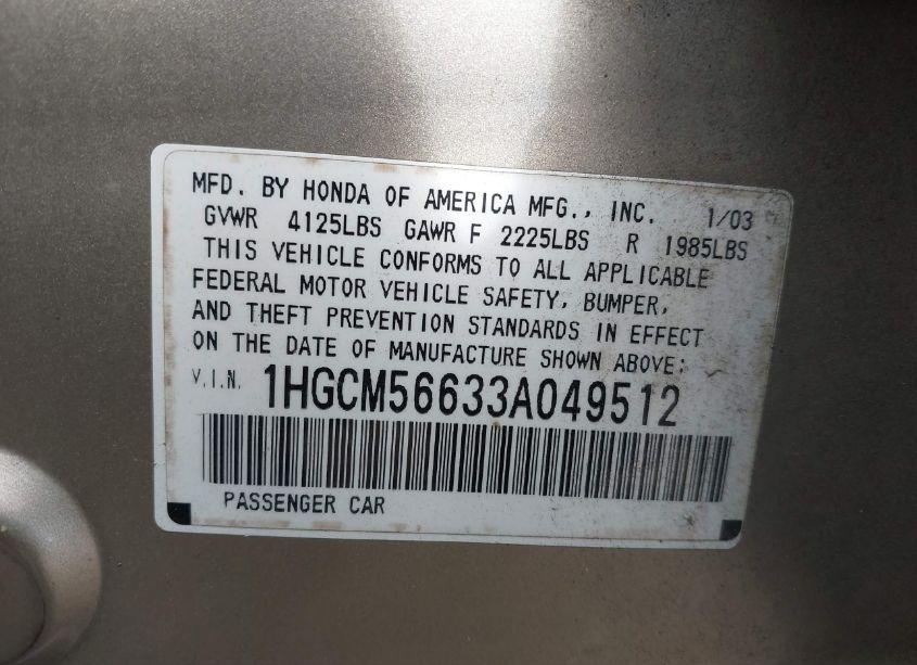 Photo 9 of 2003 Honda Accord 2.4 EX (VIN 1HGCM56633A049512)