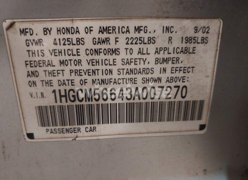 Photo 9 of 2003 Honda Accord 2.4 EX (VIN 1HGCM56643A007270)
