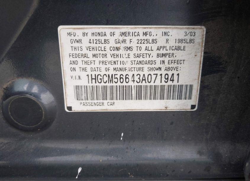 Photo 9 of 2003 Honda Accord 2.4 EX (VIN 1HGCM56643A071941)