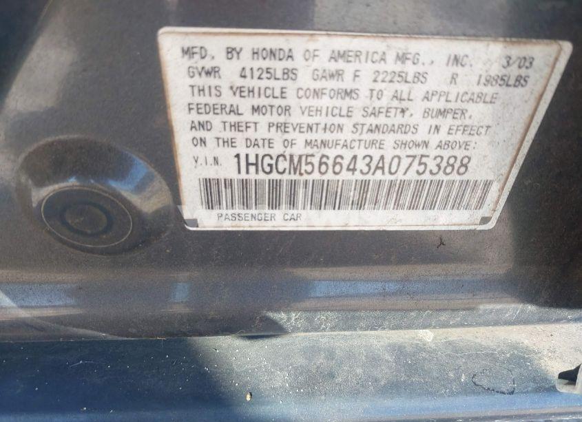 Photo 9 of 2003 Honda Accord 2.4 EX (VIN 1HGCM56643A075388)