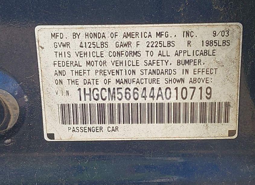 Photo 9 of 2004 Honda Accord 2.4 EX (VIN 1HGCM56644A010719)