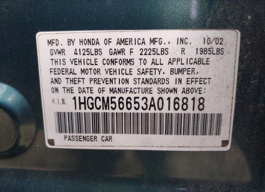 Photo 9 of 2003 Honda Accord 2.4 EX (VIN 1HGCM56653A016818)