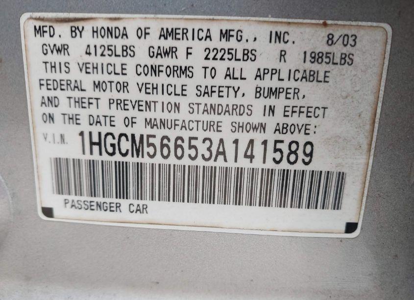 Photo 9 of 2003 Honda Accord 2.4 EX (VIN 1HGCM56653A141589)